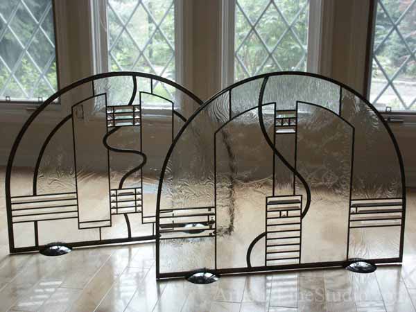 Contemporary stained and leaded glass fireplace screen