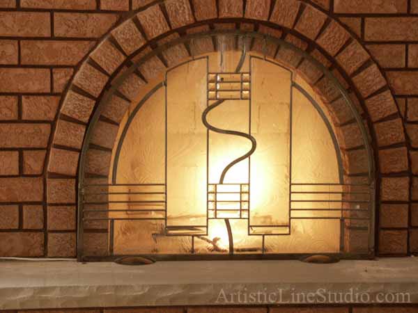 Leaded glass fireplace screen in clear textured glasses