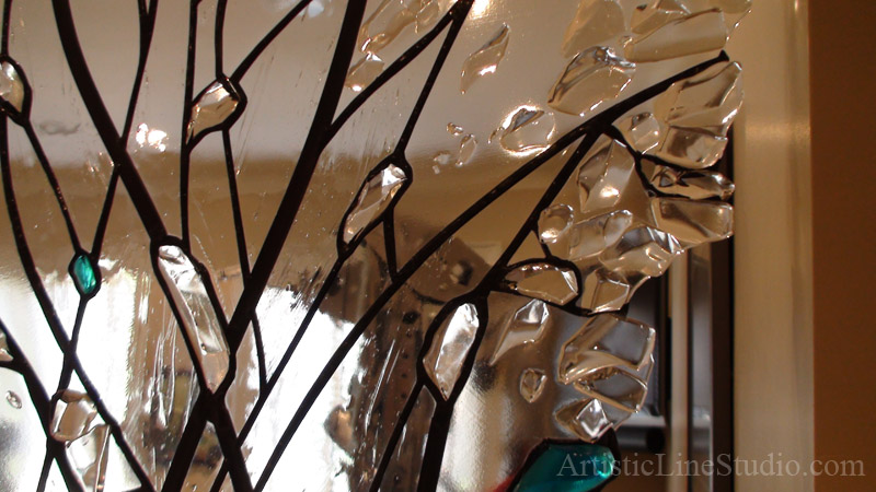 Contemporary stained, fused and leaded glass room divider